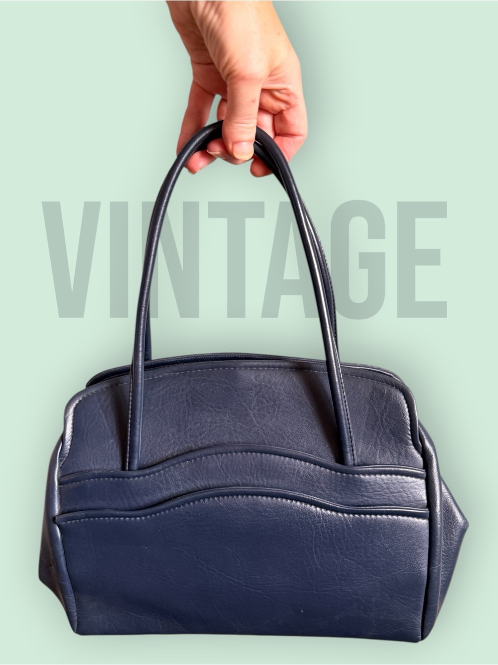 Vintage Navy Leather Kiss Lock Frame Doctor Bag Handbag